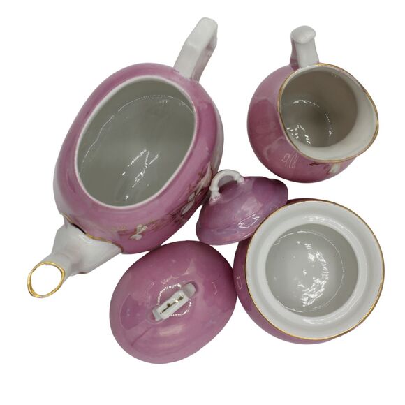 Vintage Hand Painted Children's Pink Ceramic Teapot Creamer Sugar Tea Party Set - Picture 5 of 11